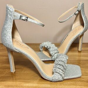 Badgley Mischka Silver Glitter Heels with Stiletto and Ankle Strap